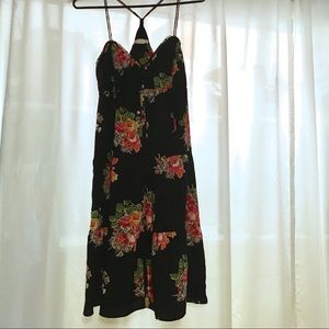 Flowy Black Button Up Dress Floral Pattern